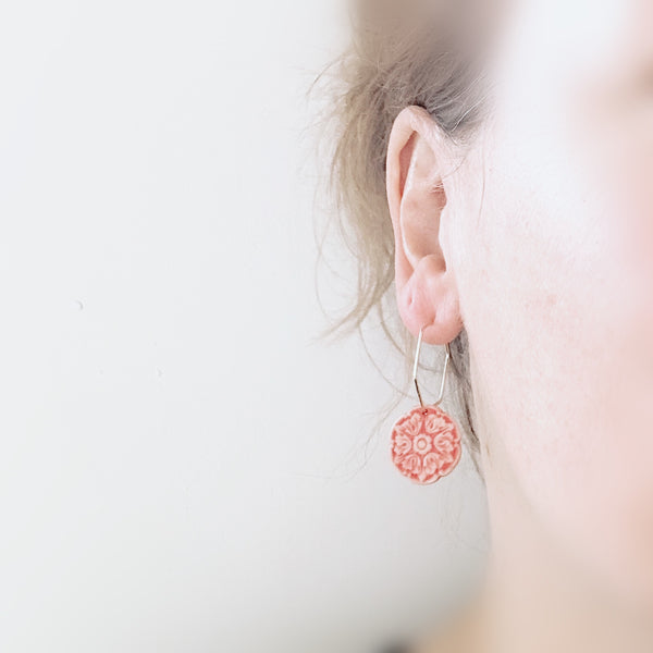 Parisain earrings // hexagon 14k plated  hoops in nude and red