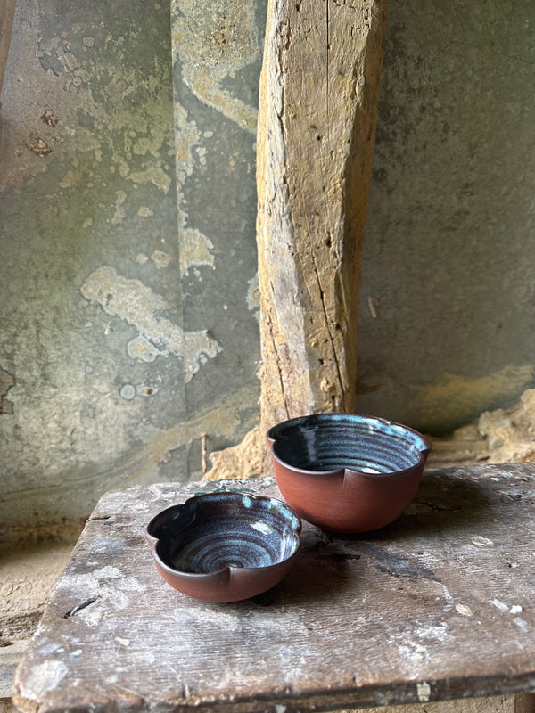 Handmade Deep Red Clay Bowl set of 2 with Petal Rim – Inspired by Japanese Blossoms