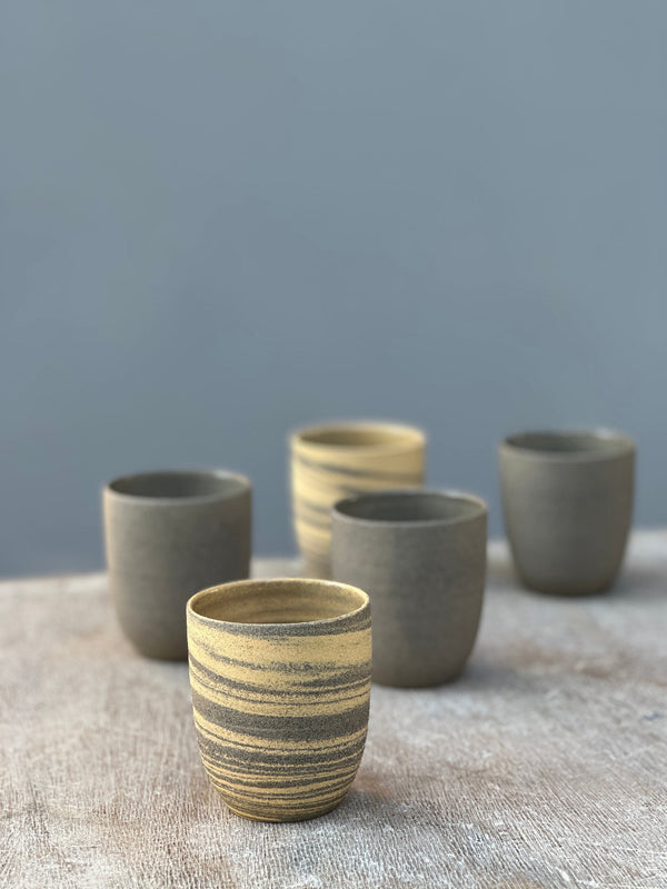 yellow and grey marble cup, agateware or neriage