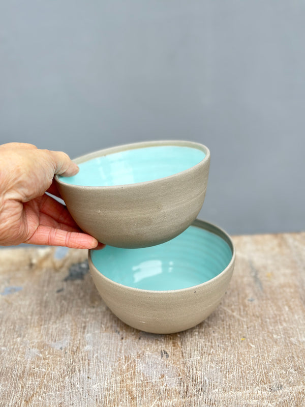 Stone & Color Hand-Thrown Grey Stoneware Bowl in Mint Green