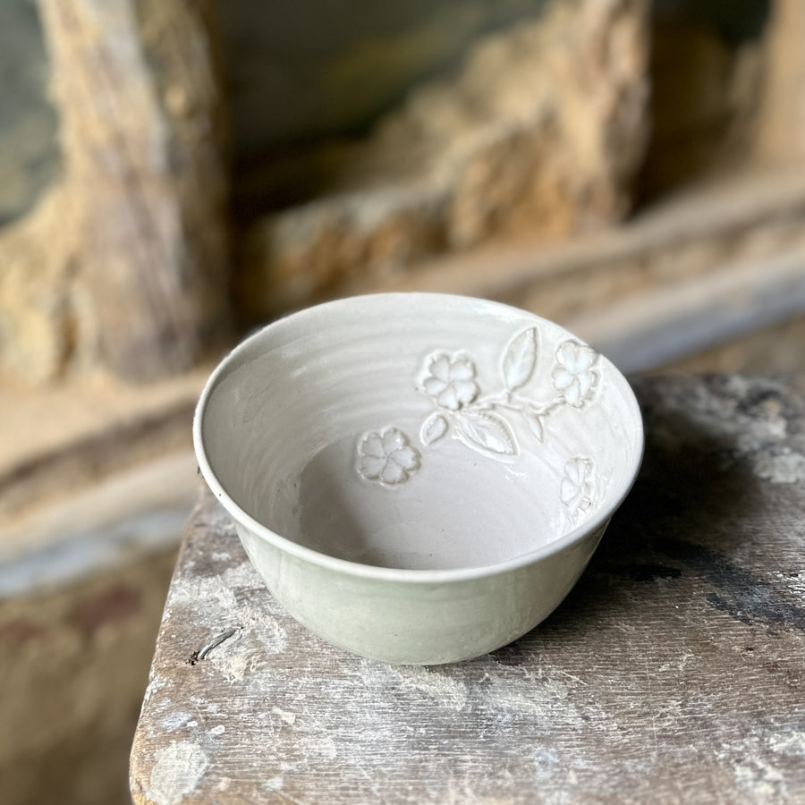 Handmade Gloss White Glazed Bowl with Cherry Blossom Sprigs