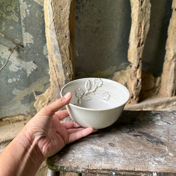 Handmade Gloss White Glazed Bowl with Cherry Blossom Sprigs