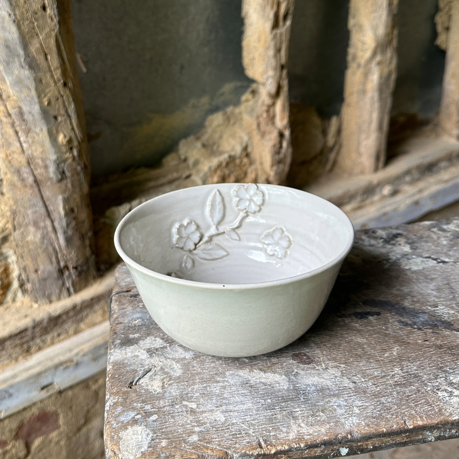 Handmade Gloss White Glazed Bowl with Cherry Blossom Sprigs