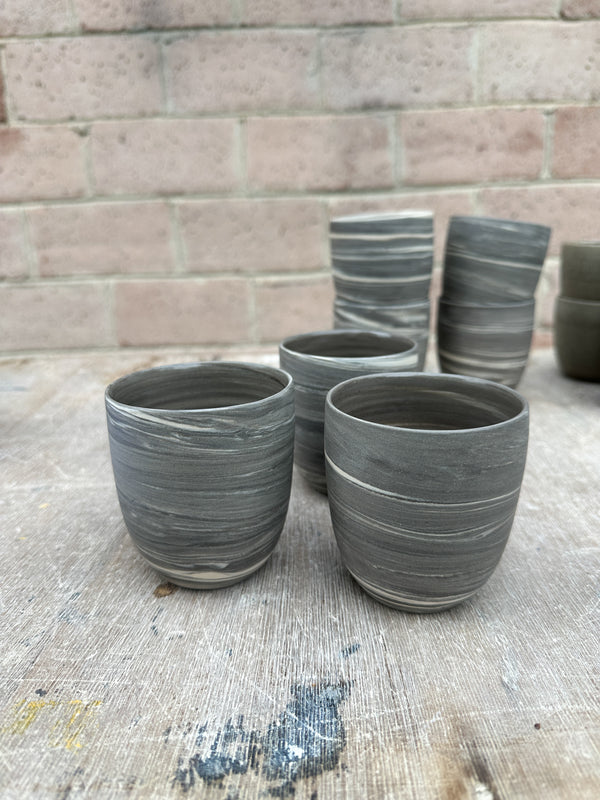 250ml. Cafe Lungo cups in Slate + White Marble  - no handles.