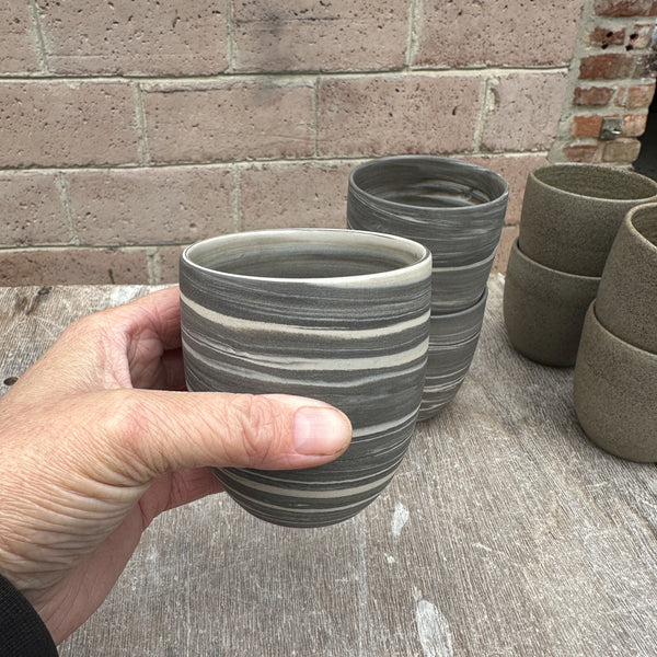 250ml. Cafe Lungo cups in Slate + White Marble  - no handles.