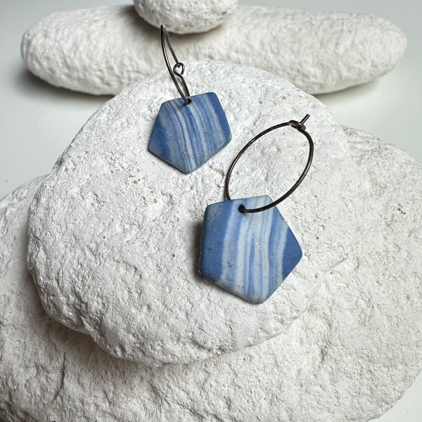 Nerikomi pentagoon blue & white earrings - on hoops