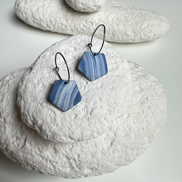 Nerikomi pentagoon blue & white earrings - on hoops