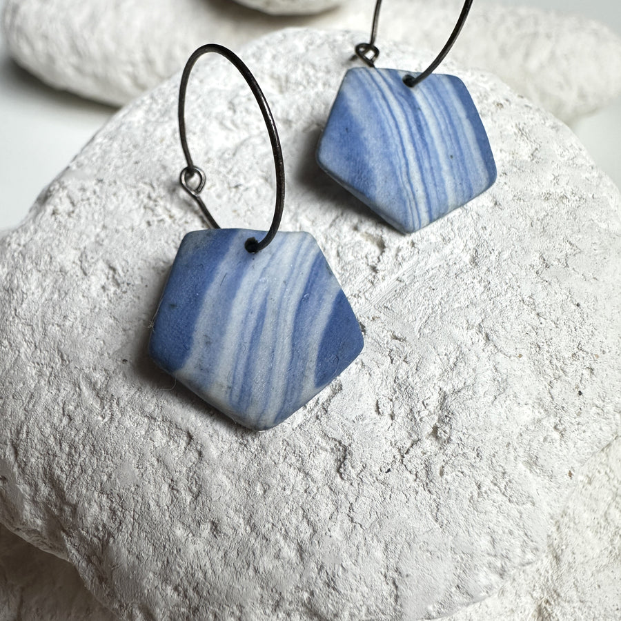 Nerikomi pentagoon blue & white earrings - on hoops