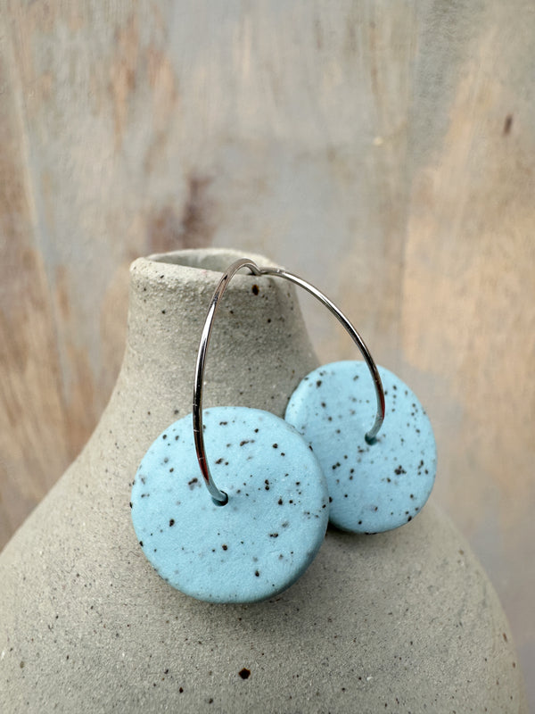 Porcelain earrings // Freckled medium discs in Light blue // medium hoops