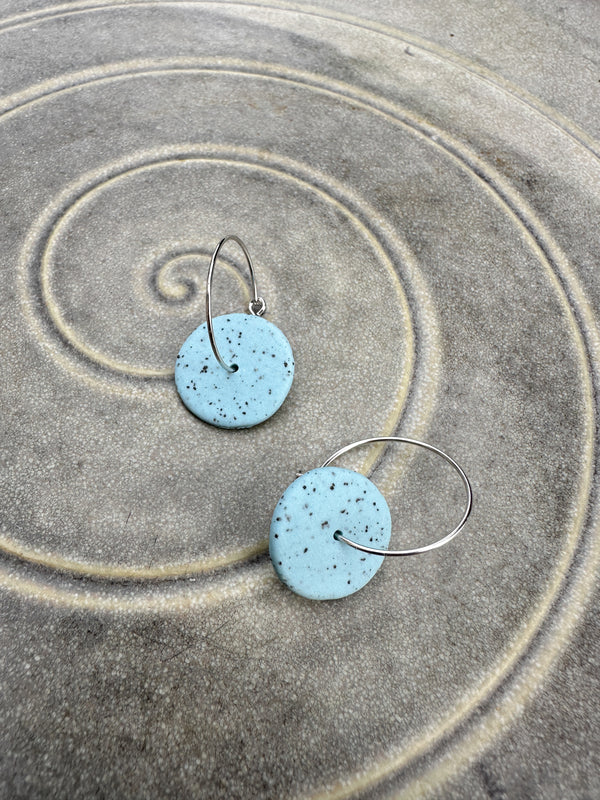 Porcelain earrings // Freckled medium discs in Light blue // medium hoops