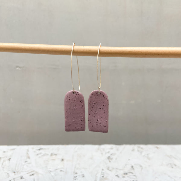 Porcelain earrings - Freckled Flat sided Pill - Purple - long earwire