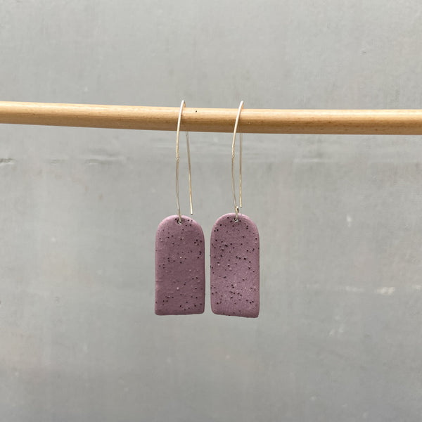 Porcelain earrings - Freckled Flat sided Pill - Purple - long earwire