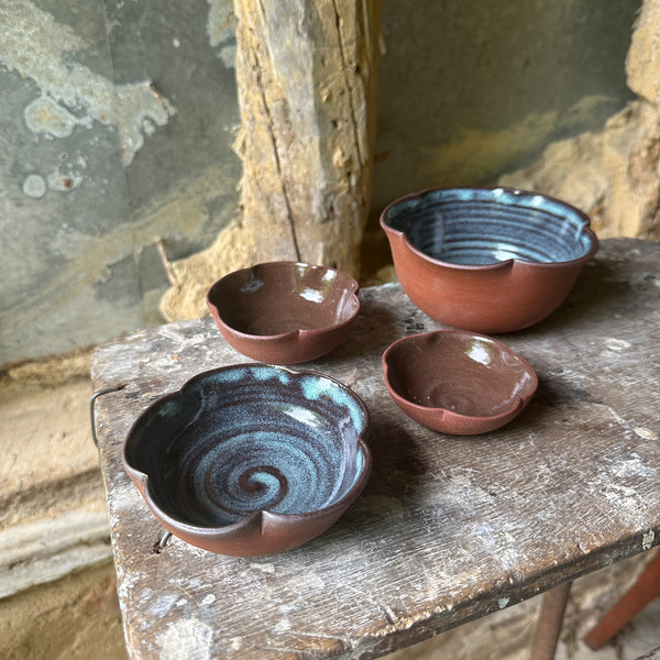 Handmade Deep Red Clay Bowl set of 2 with Petal Rim – Inspired by Japanese Blossoms