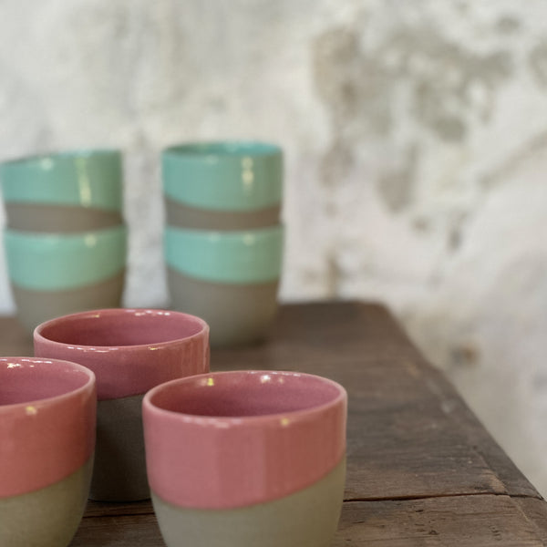 Stone & Color | Grey + Pink rose - Cafe cups no handles.