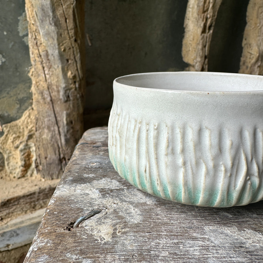 Handmade Chawan - Gloss white glaze and a bit of green over texture.