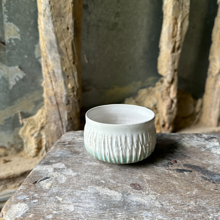 Handmade Chawan - Gloss white glaze and a bit of green over texture.