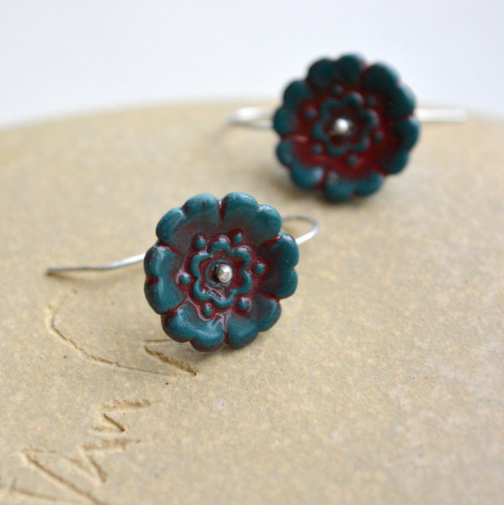 Fleur Du Joly earringss - Dark blue green & ruby red - small earwire