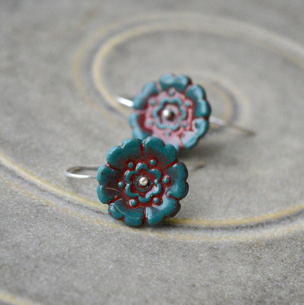 Fleur Du Joly earringss - Dark blue green & ruby red - small earwire