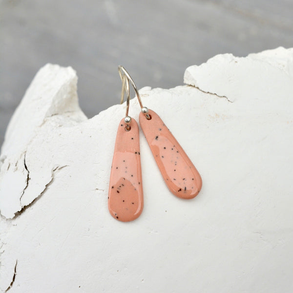 Porcelain earrings - Freckled thin drops - medium - pastel brique - small earwire