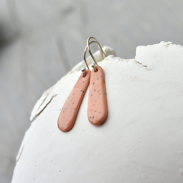 Porcelain earrings - Freckled thin drops - medium - pastel brique - small earwire