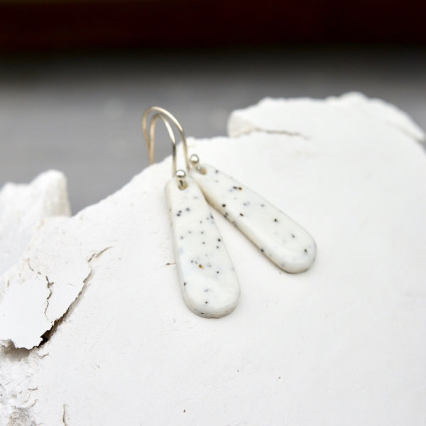 Porcelain earrings - Freckled thin drops - medium - white - small earwire