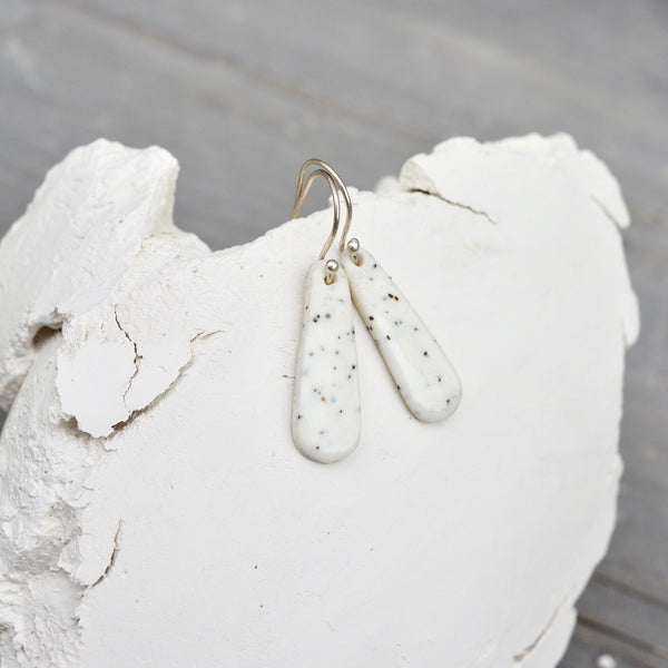 Porcelain earrings - Freckled thin drops - medium - white - small earwire