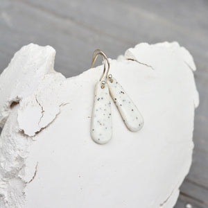 Porcelain earrings - Freckled thin drops - medium - white - small earwire