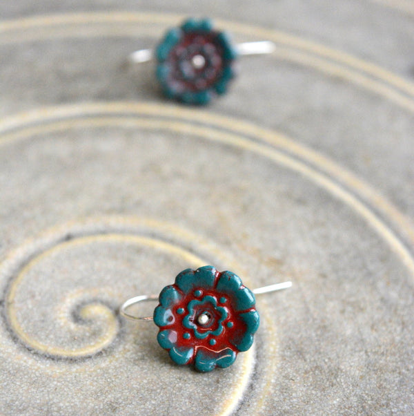 Fleur Du Joly earringss - Dark blue green & ruby red - small earwire
