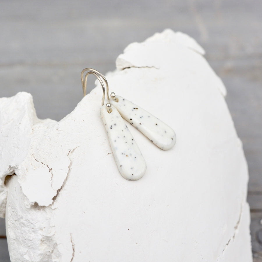 Porcelain earrings - Freckled thin drops - medium - white - small earwire